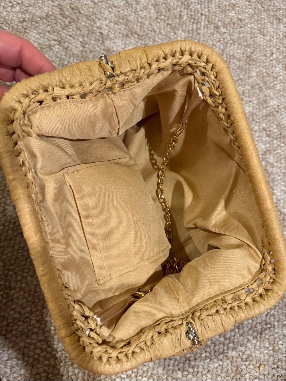 Handwoven Straw Clutch in Tan With Optional Gold Chain Strap